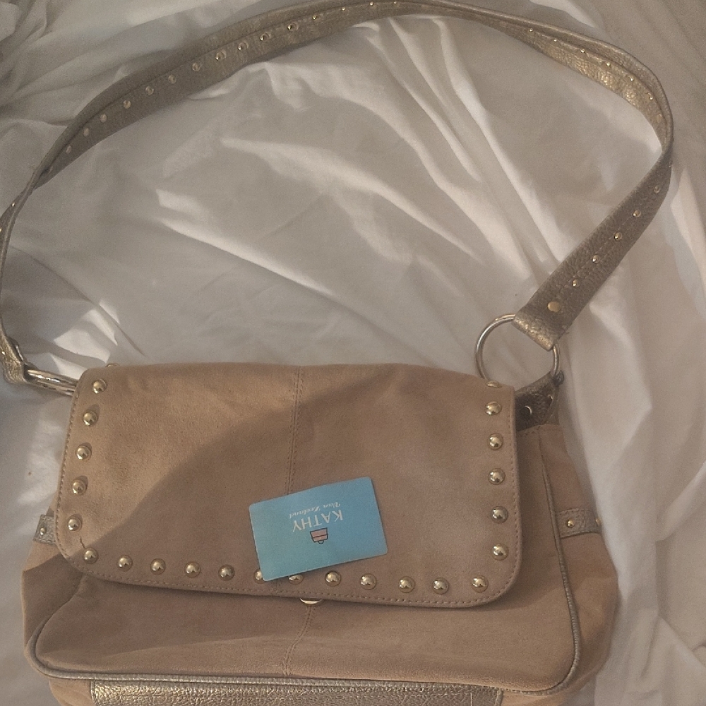 Kathy Van Zeeland Gold and Tan Studded Shoulder Bag
